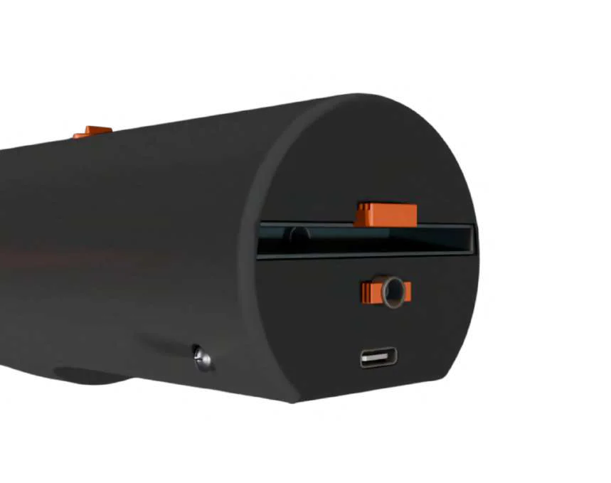 Rear end cap with built-in crevice tool storage and charging port